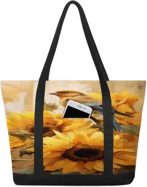 Sunflowers with Sparrow Tote Bag for Women Work Canvas Travel Tote Bags with Zipper Large Capacity Casual Handbag with Inner Pockets Reusable Shopping Shoulder Bag for Teacher Nurse