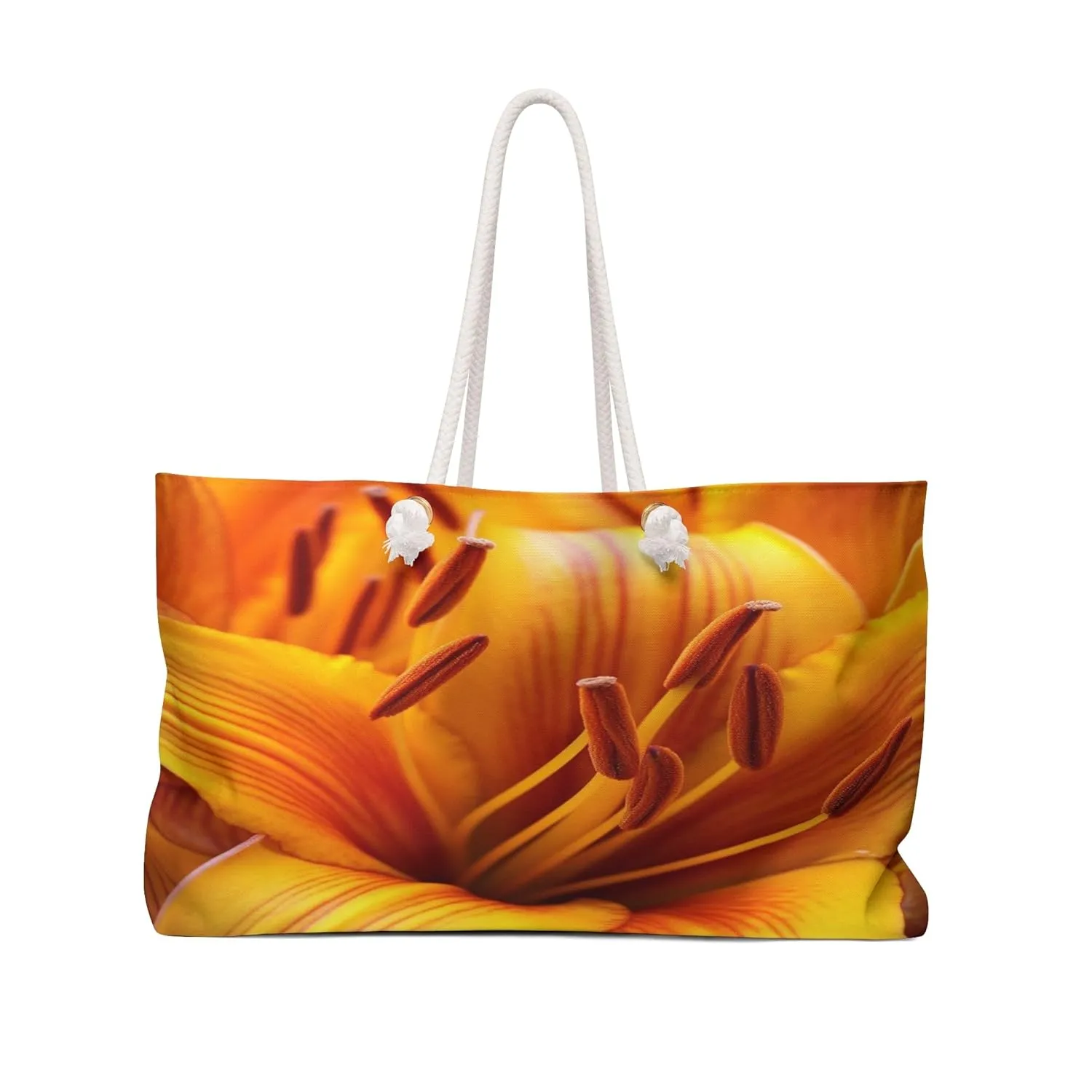 Sunlit Beauty: Golden Lily Weekender Tote | Radiant Bright Vibrant Flower Bloom | Canvas Travel Overnight Beach Pool Shoulder Bag 24" × 13"