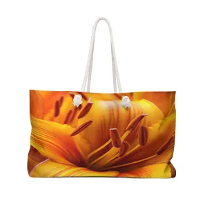 Sunlit Beauty: Golden Lily Weekender Tote | Radiant Bright Vibrant Flower Bloom | Canvas Travel Overnight Beach Pool Shoulder Bag 24" × 13"