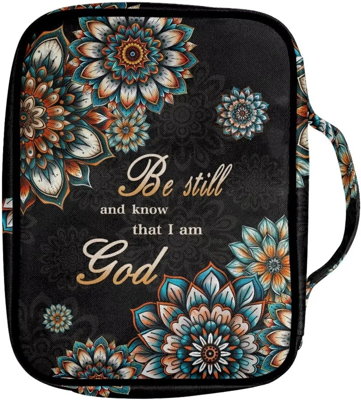 Suobstales Boho Mandala Print Bible Cover Carrying Book Case for Women Men Be Still and Know That I am God Lightweight Bible Bag Bible Protective with Handle and Zippered Pocket