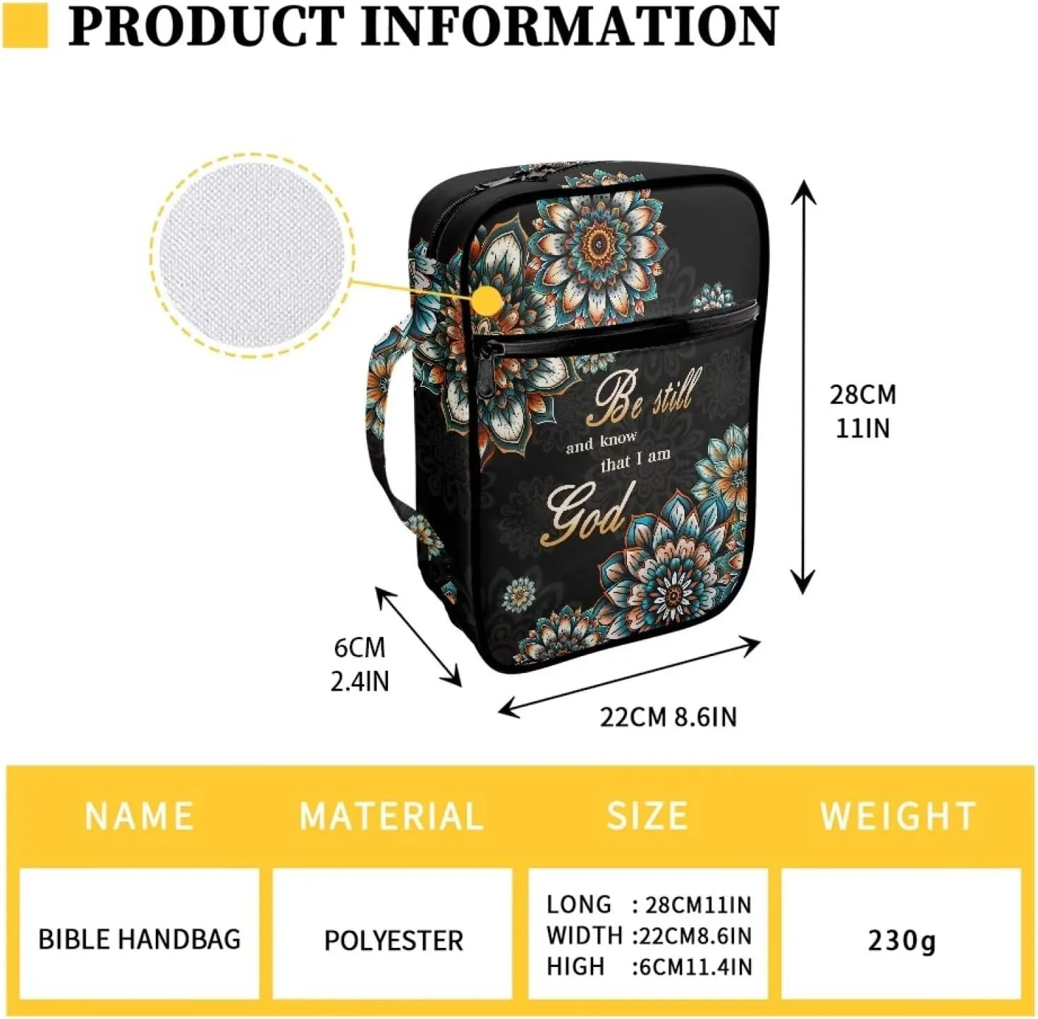 Suobstales Boho Mandala Print Bible Cover Carrying Book Case for Women Men Be Still and Know That I am God Lightweight Bible Bag Bible Protective with Handle and Zippered Pocket