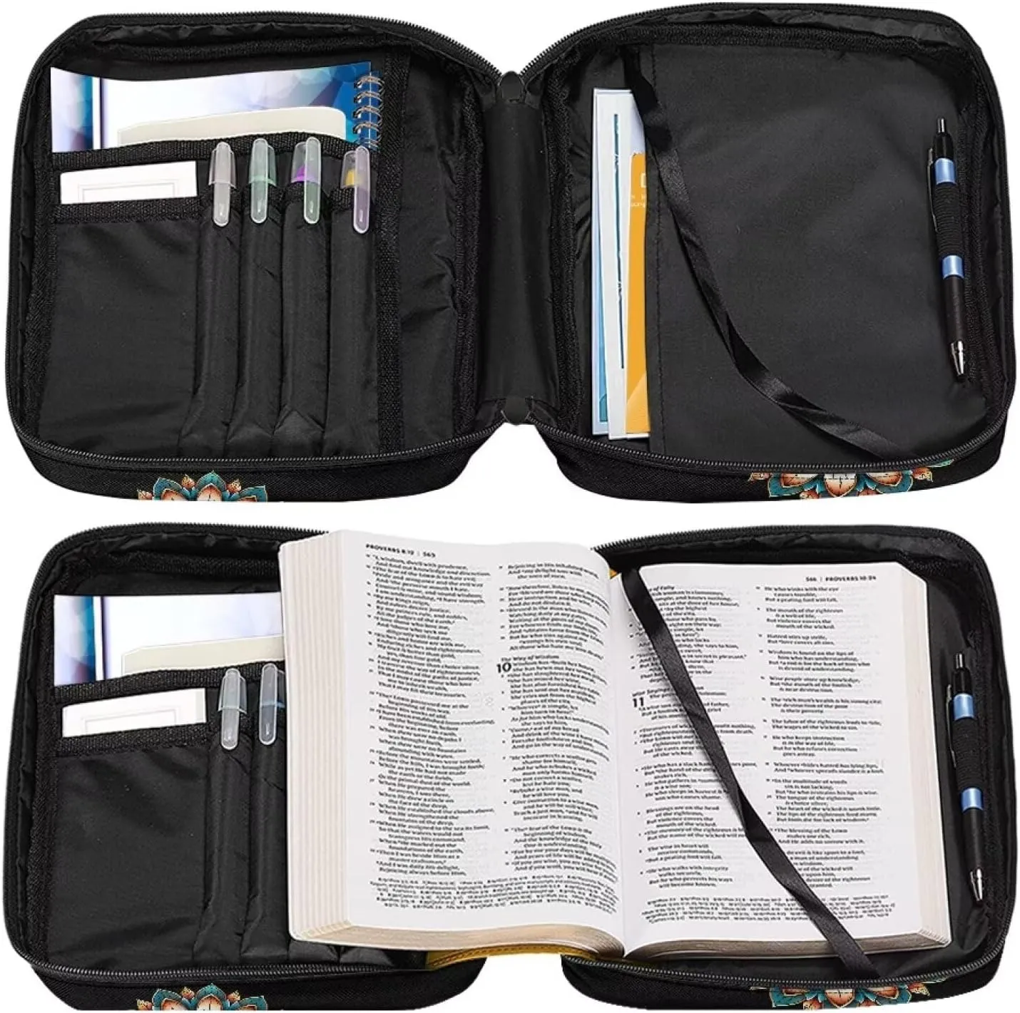Suobstales Boho Mandala Print Bible Cover Carrying Book Case for Women Men Be Still and Know That I am God Lightweight Bible Bag Bible Protective with Handle and Zippered Pocket