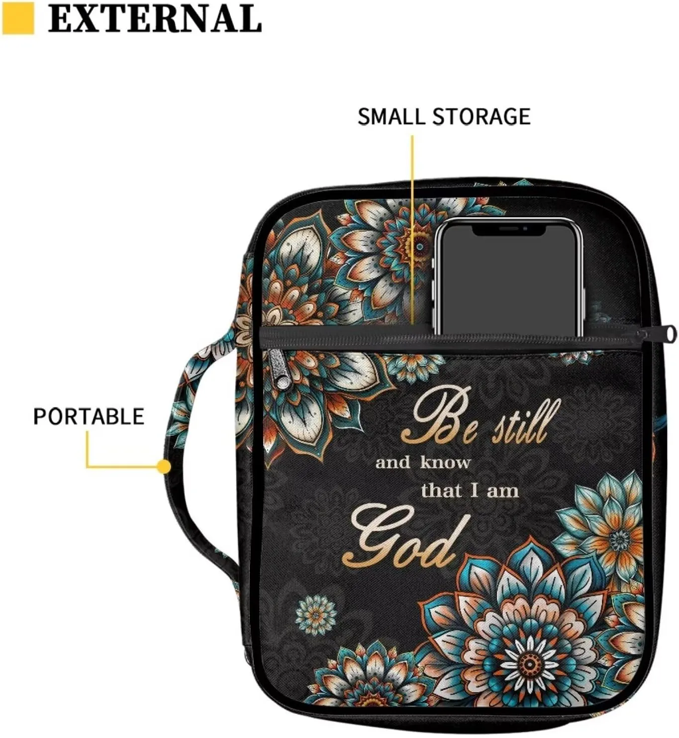 Suobstales Boho Mandala Print Bible Cover Carrying Book Case for Women Men Be Still and Know That I am God Lightweight Bible Bag Bible Protective with Handle and Zippered Pocket