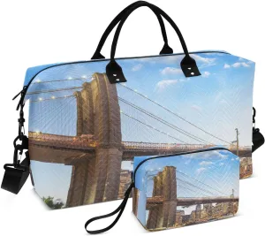 susiyo Beautiful Summer Brooklyn Bridge Travel Duffel Bags Quilted Gym Bag Weekender Overnight Bags with Small Makeup Pouch