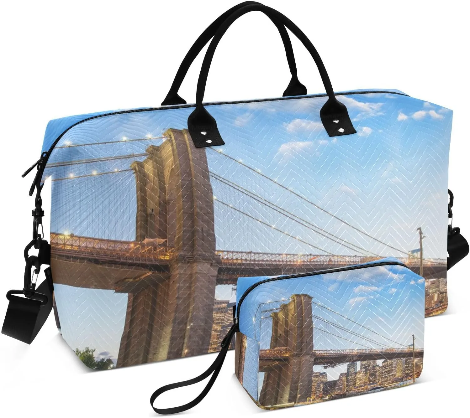 susiyo Beautiful Summer Brooklyn Bridge Travel Duffel Bags Quilted Gym Bag Weekender Overnight Bags with Small Makeup Pouch