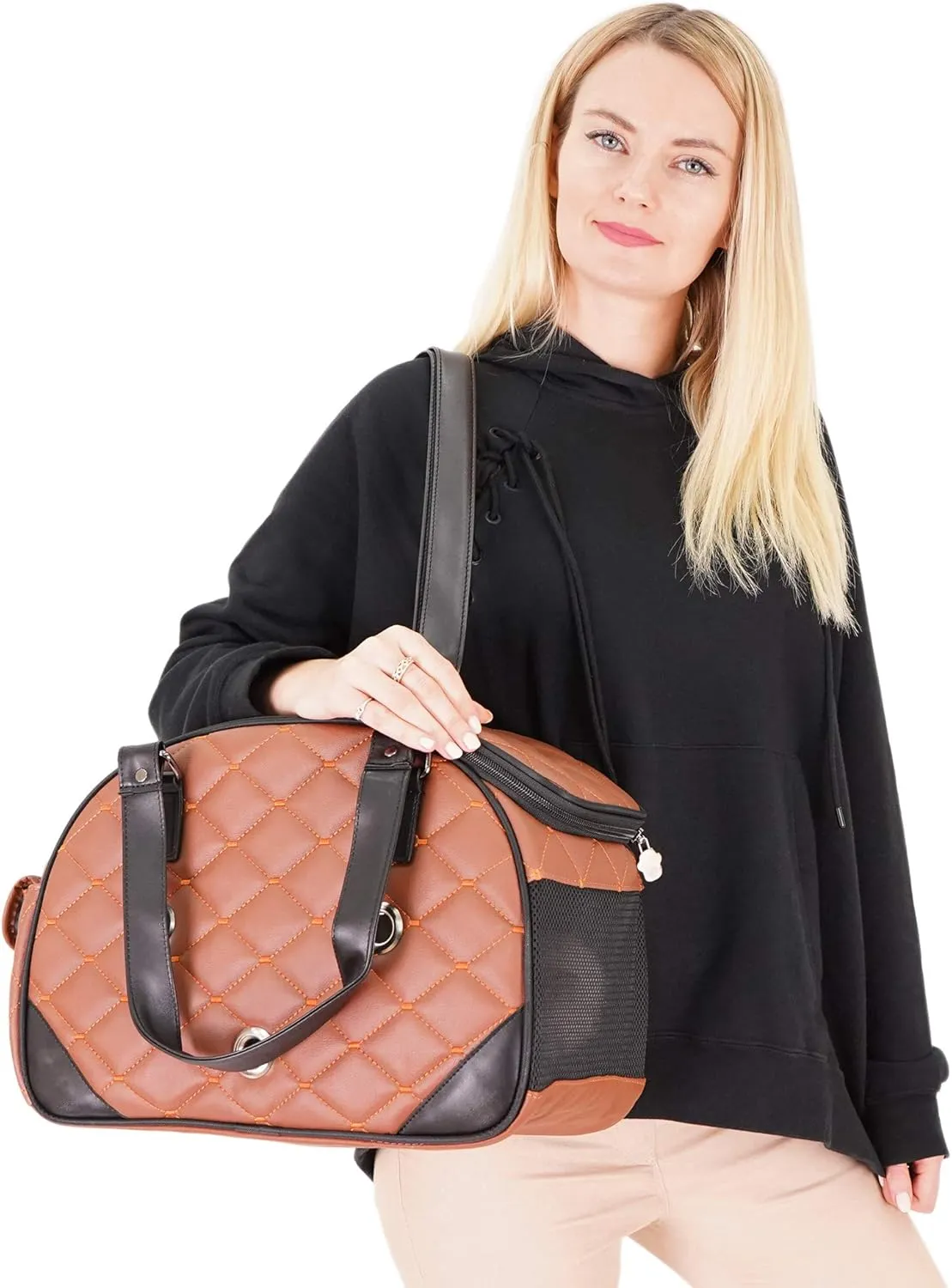 SUSSEXHOME Pets Small Pet Carrier for Small Dogs and Cats - Waterproof Faux Leather Pet Travel Tote Bag - Double Strap Travel Pet Carrier for Cat Travel Bag - 19.7 x 8.7 x 13.4 Inch - Camel