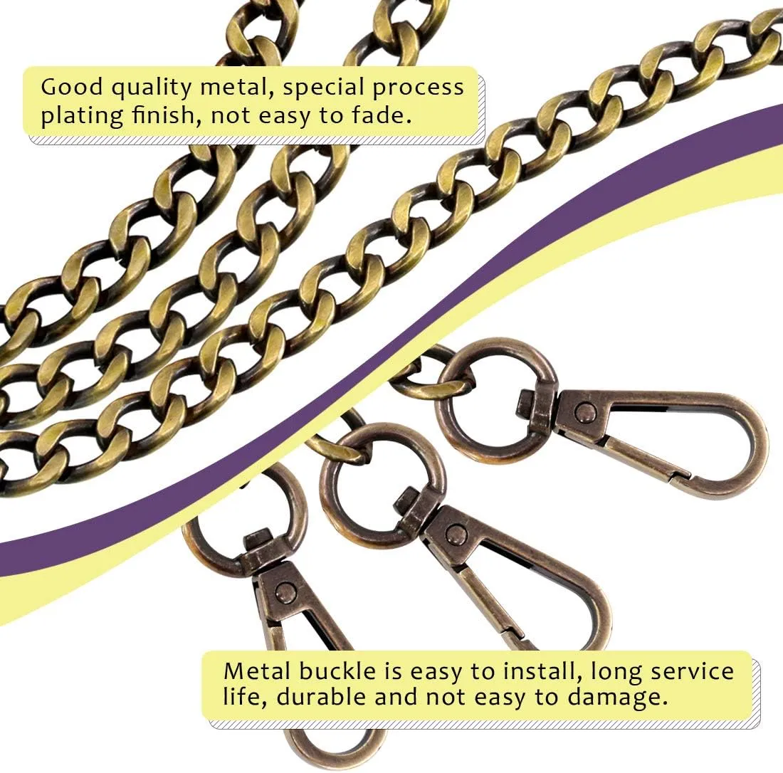 Swpeet 3Pcs Bronze Luxury Fashion 47 Inche Replacement Flat Chain Strap with Buckles Set, Perfect for DIY Metal Shoulder Cross Body Bag Hand Bag Purse Replacement