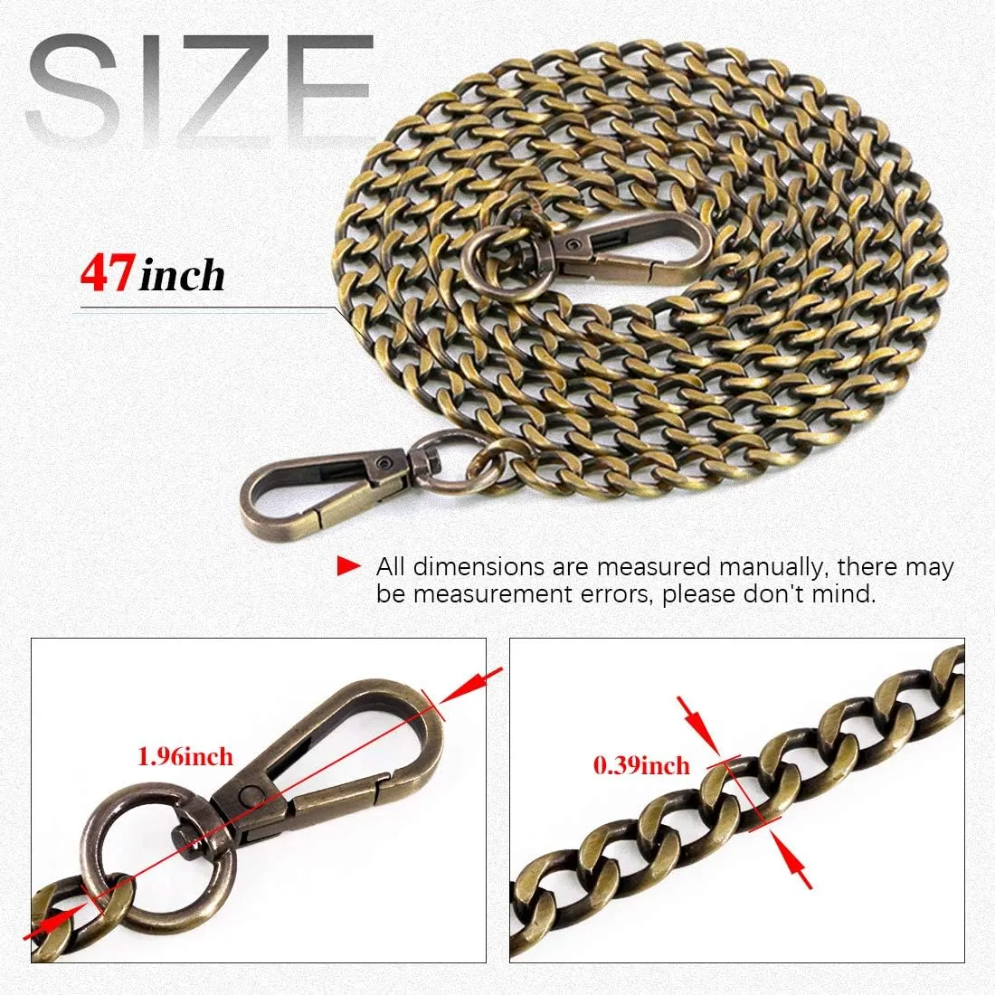 Swpeet 3Pcs Bronze Luxury Fashion 47 Inche Replacement Flat Chain Strap with Buckles Set, Perfect for DIY Metal Shoulder Cross Body Bag Hand Bag Purse Replacement
