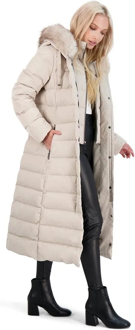 Tahari Nellie Long Coat for Women-Insulated Jacket with Removable Faux Fur Trim
