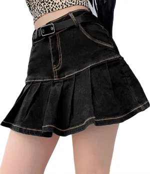 Tanming Women's Pleated Jean Skirt Casual A-Line Ruffle Y2K Mini Denim Skirt