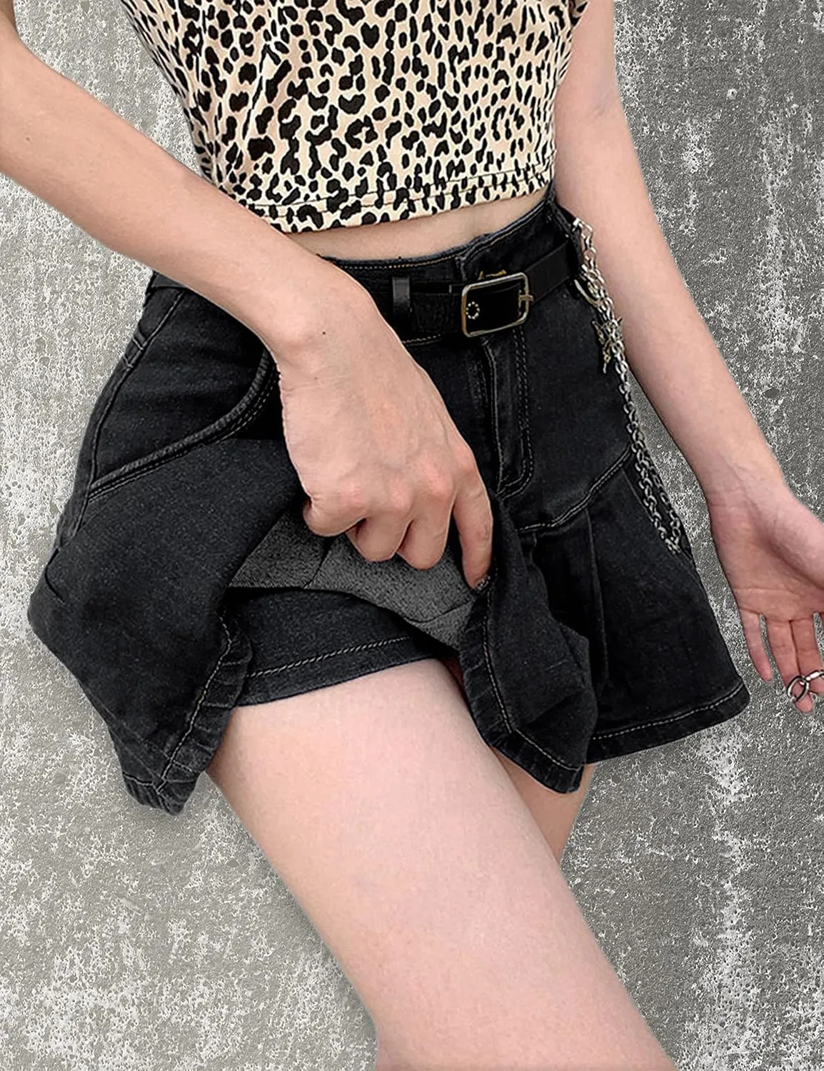 Tanming Women's Pleated Jean Skirt Casual A-Line Ruffle Y2K Mini Denim Skirt