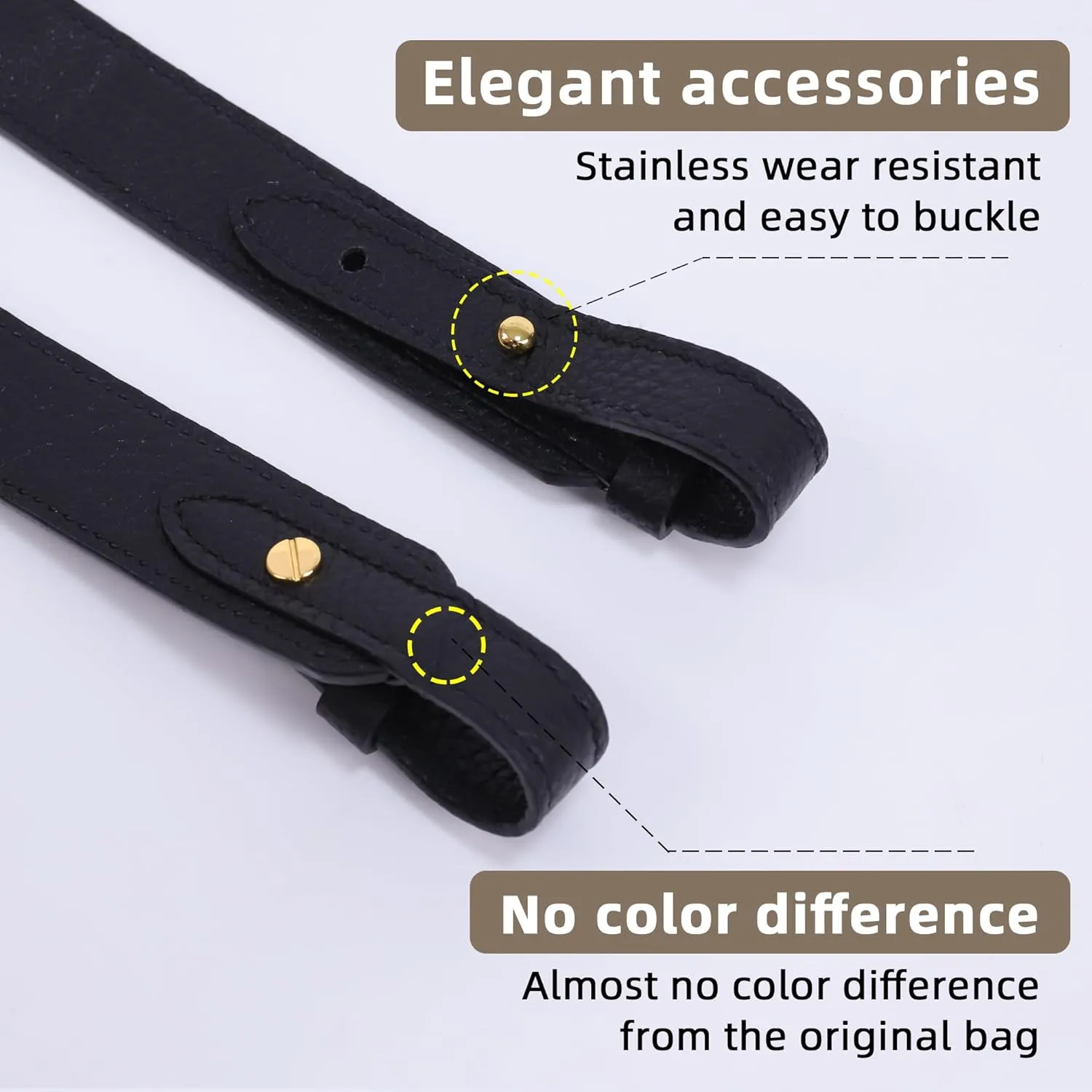 TC Leather Strap for Hermes Picotin/Lindy/Evelyne bag, Multi length Handmade Cowhide Crossbody Purse Strap for Handbag【19.7inch long, 1.5inch wide, Black (GoldStuds)】