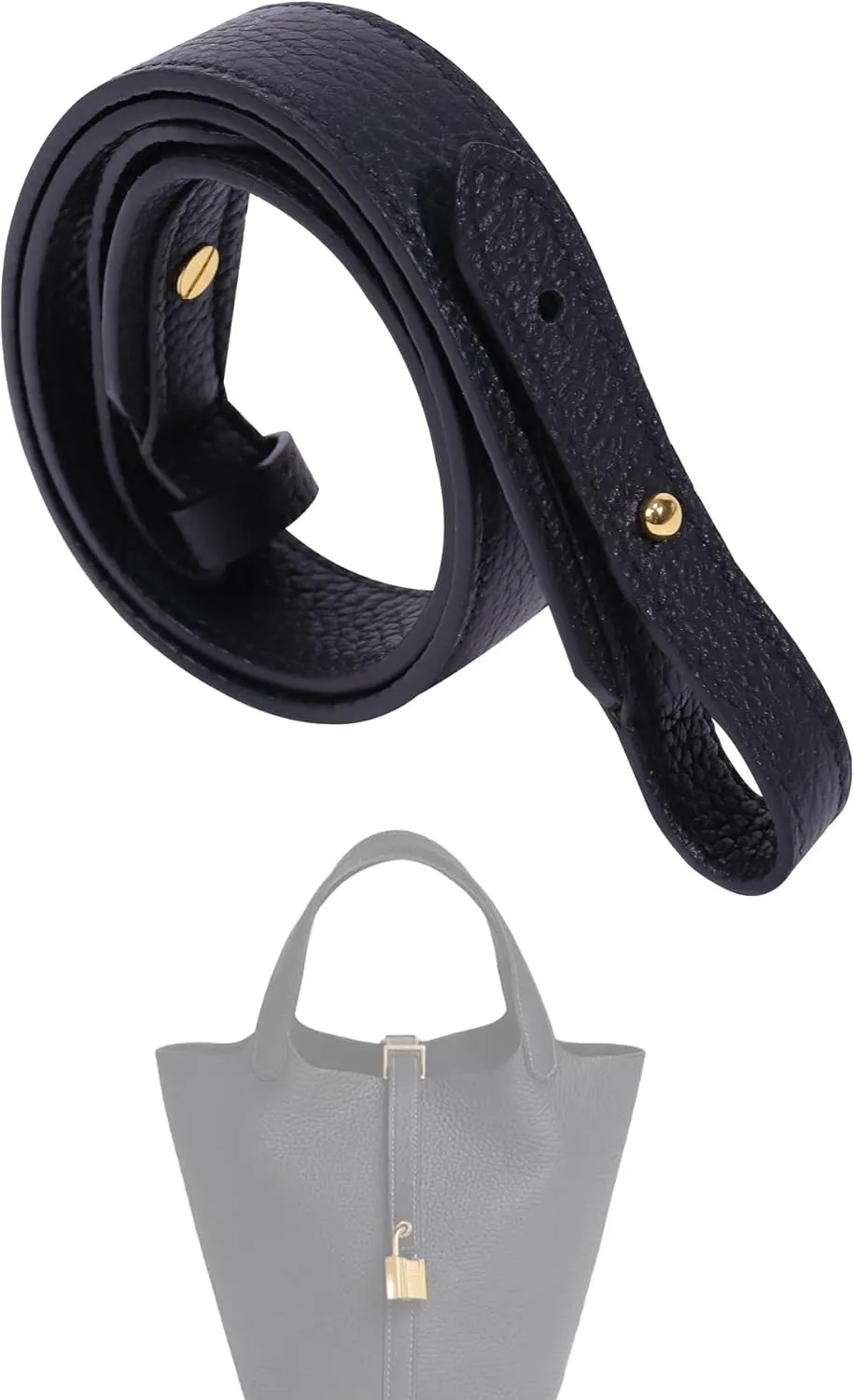 TC Leather Strap for Hermes Picotin/Lindy/Evelyne bag, Multi length Handmade Cowhide Crossbody Purse Strap for Handbag【19.7inch long, 1.5inch wide, Black (GoldStuds)】