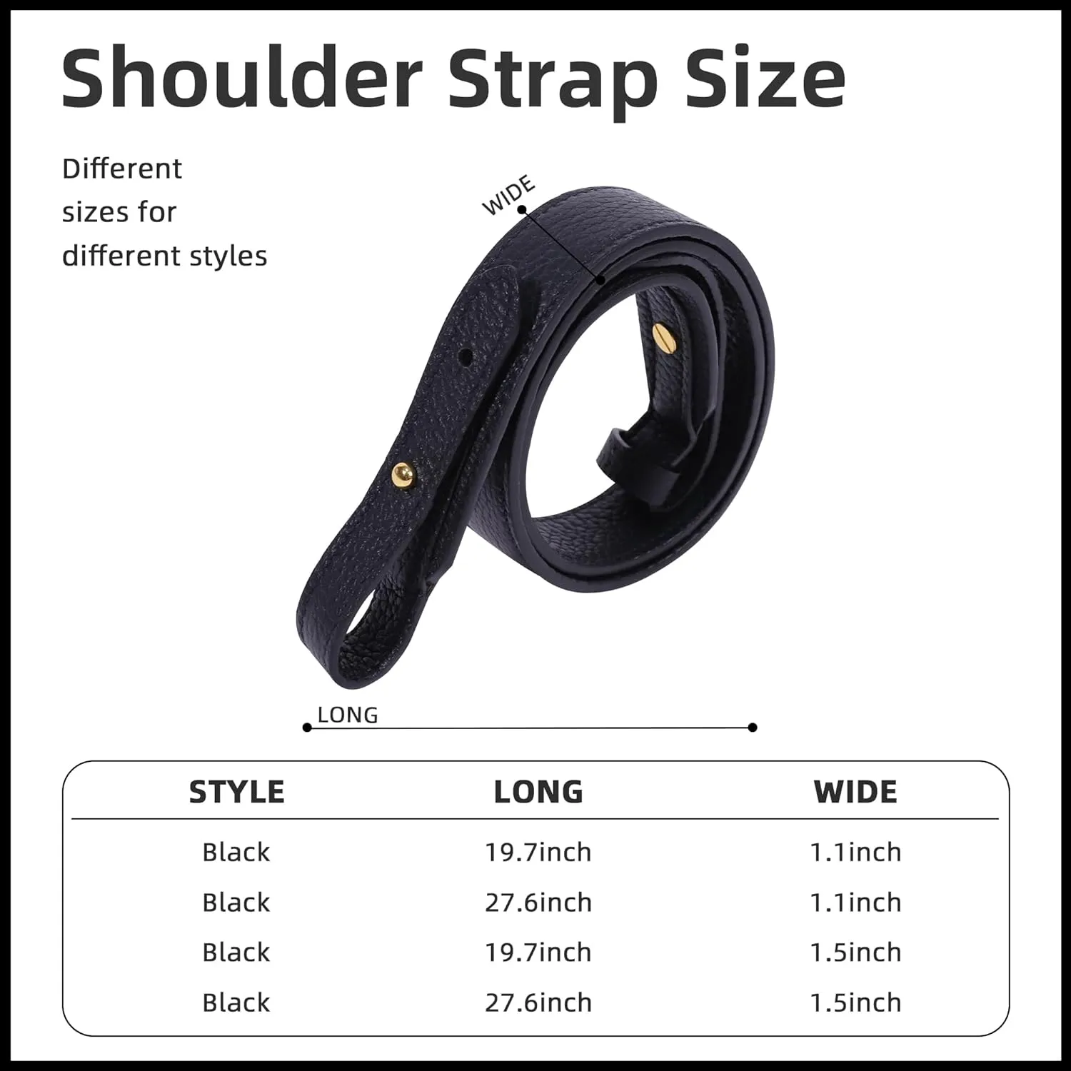 TC Leather Strap for Hermes Picotin/Lindy/Evelyne bag, Multi length Handmade Cowhide Crossbody Purse Strap for Handbag【19.7inch long, 1.5inch wide, Black (GoldStuds)】