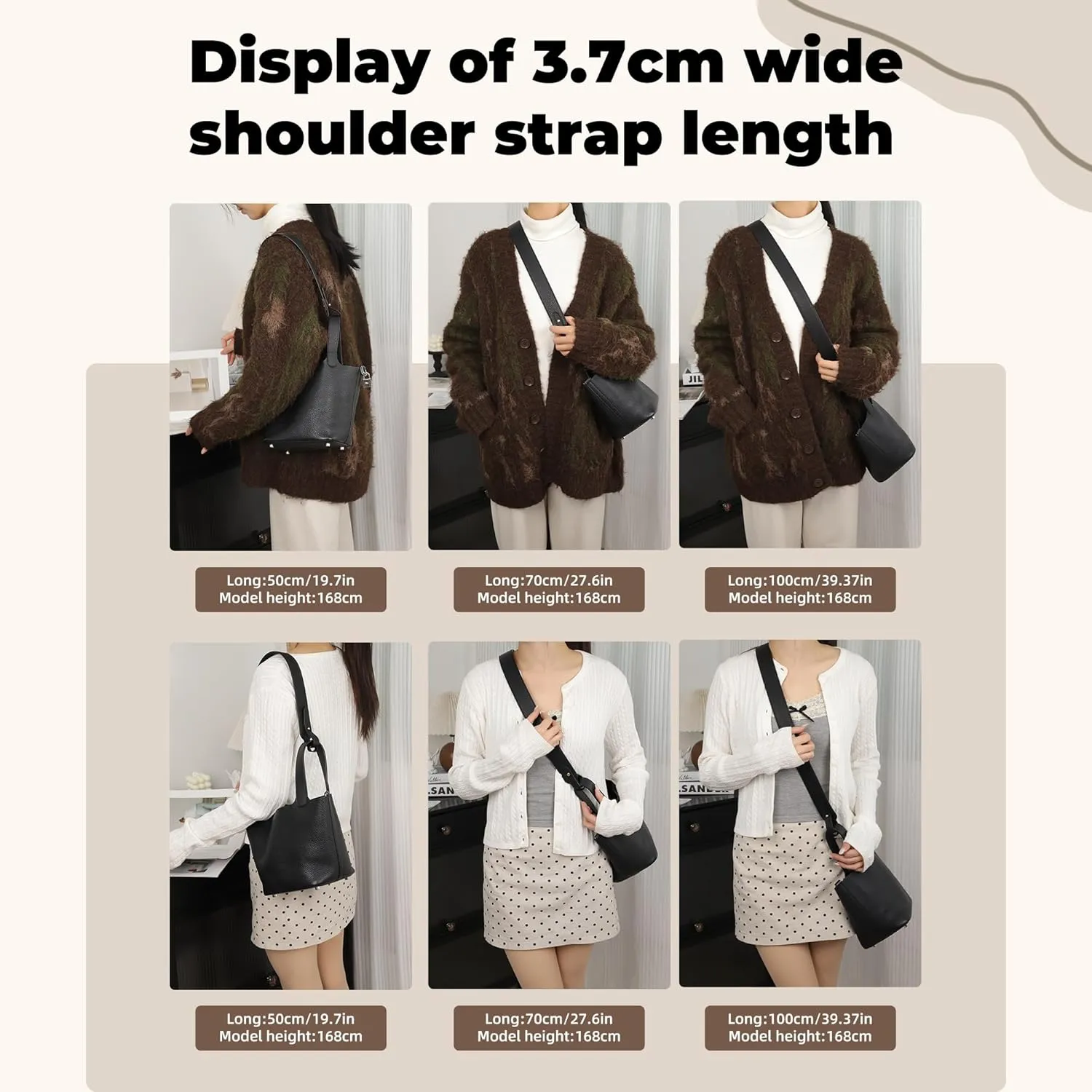 TC Leather Strap for Hermes Picotin/Lindy/Evelyne bag, Multi length Handmade Cowhide Crossbody Purse Strap for Handbag【19.7inch long, 1.5inch wide, Black (GoldStuds)】