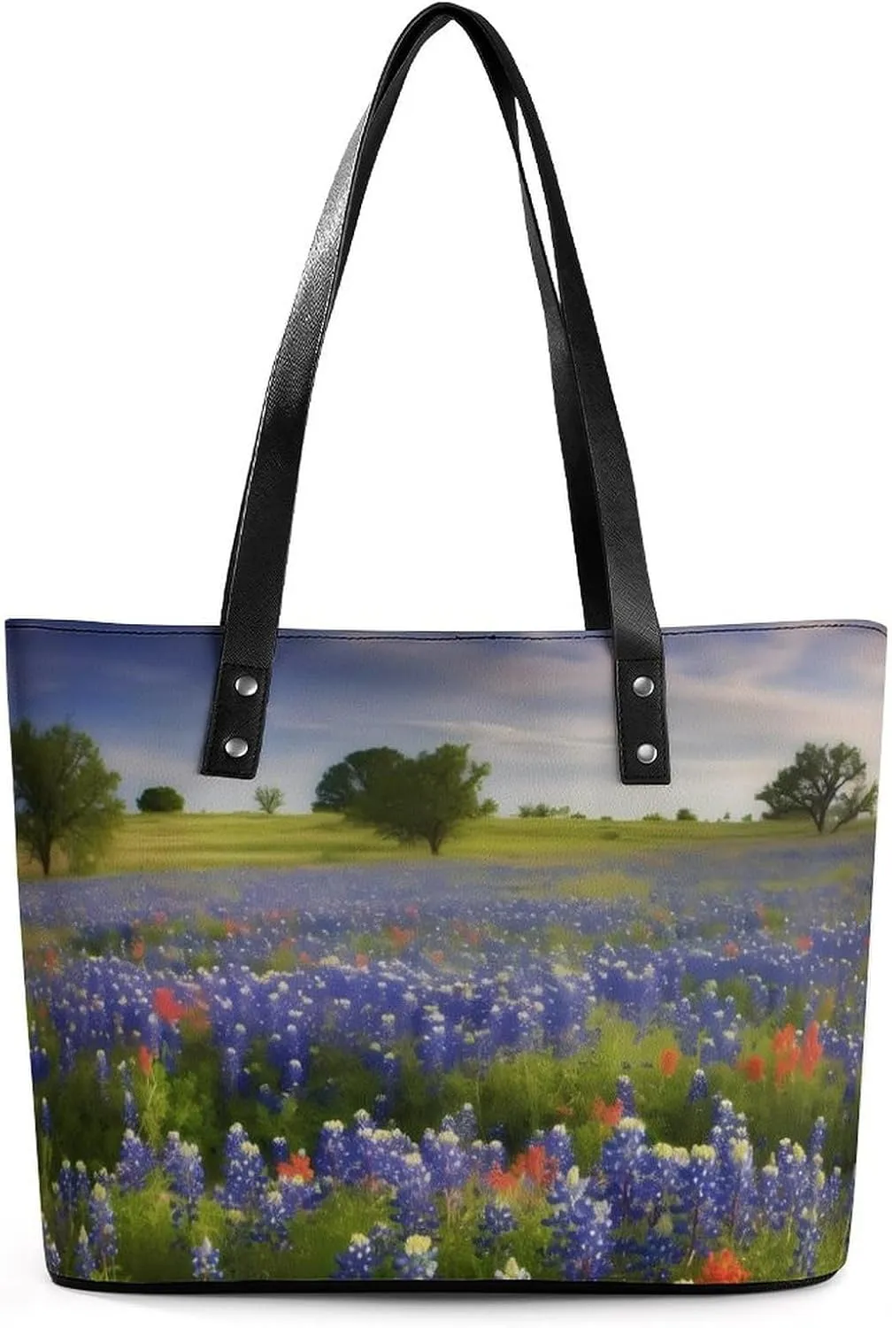 Texas Bluebonnets Scenery Leather Lady's Handbag Crossbody Purse for Women Ladies Soft Shoulder Bag Medium Roomy Handbag Fashion Tote Top Handle Satchel