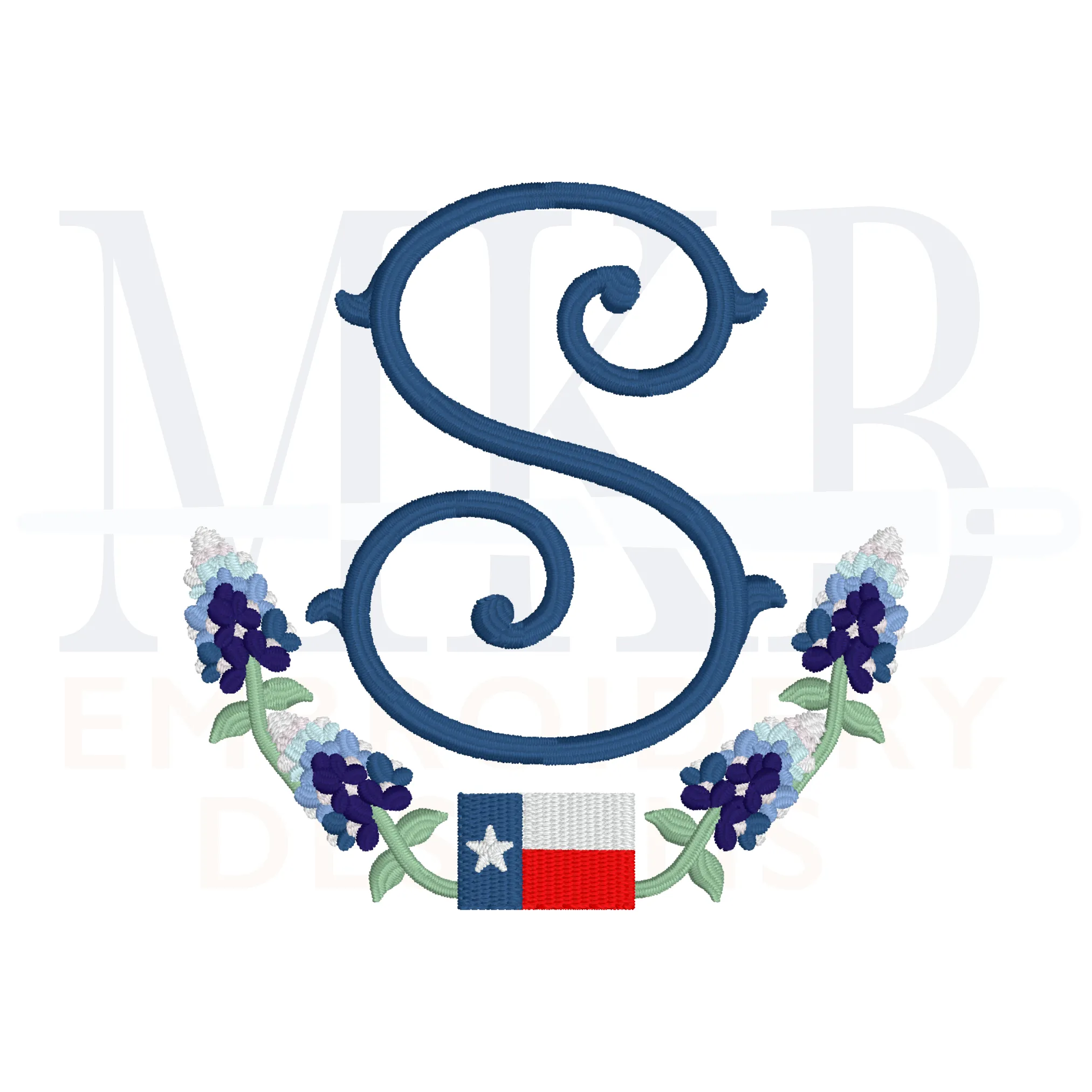 Texas Flag Bluebonnet Laurel Embroidery Design