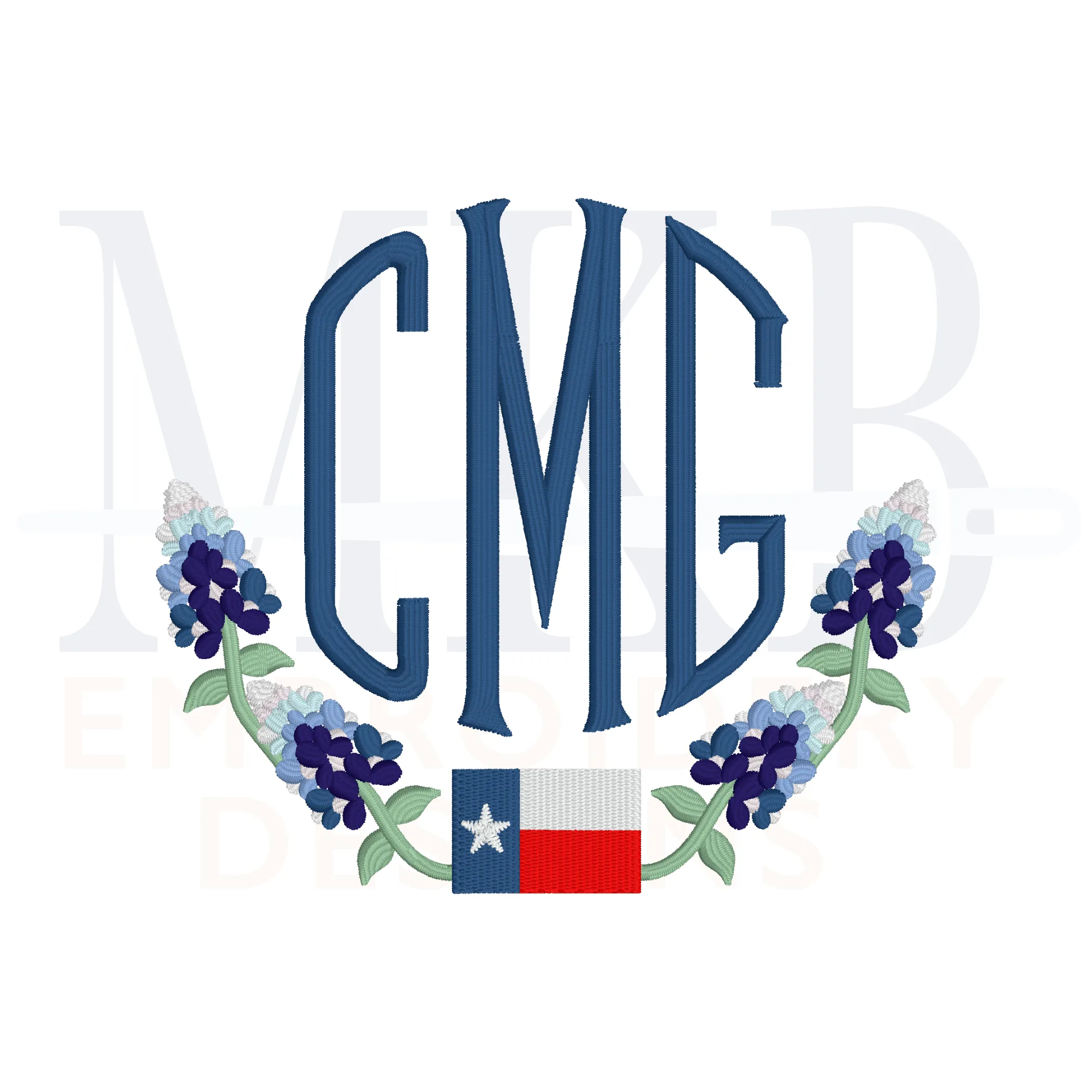 Texas Flag Bluebonnet Laurel Embroidery Design