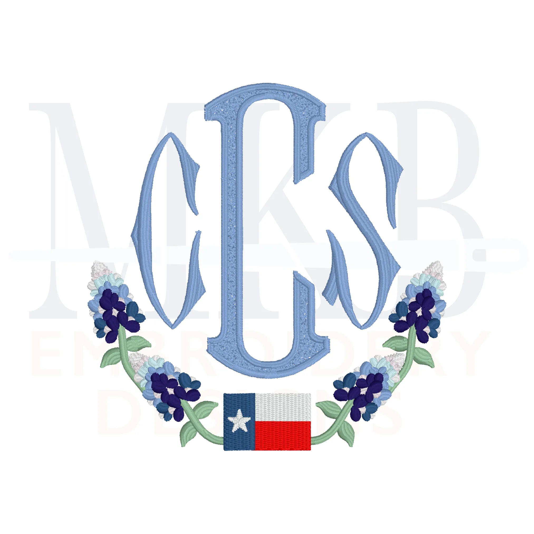 Texas Flag Bluebonnet Laurel Embroidery Design