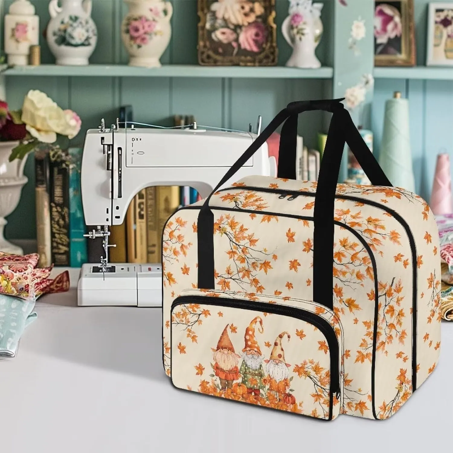 Thanksgiving Dwarf Sewing Machine Case Heavy Padded Tote Bag Portable Sewing Machine Handbag Dust Proof Compatible with Most Standard Sewing Machines