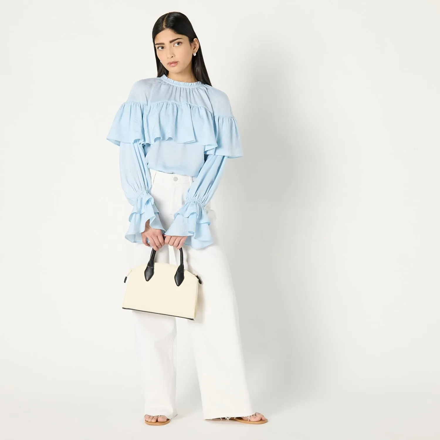 The Drop Women's Miriam Feminine Ruffle Yoke Shine Blouse