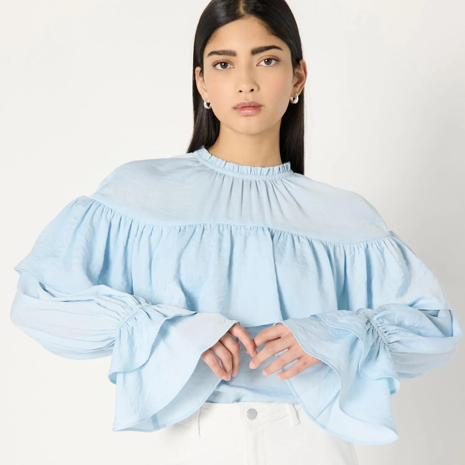 The Drop Women's Miriam Feminine Ruffle Yoke Shine Blouse