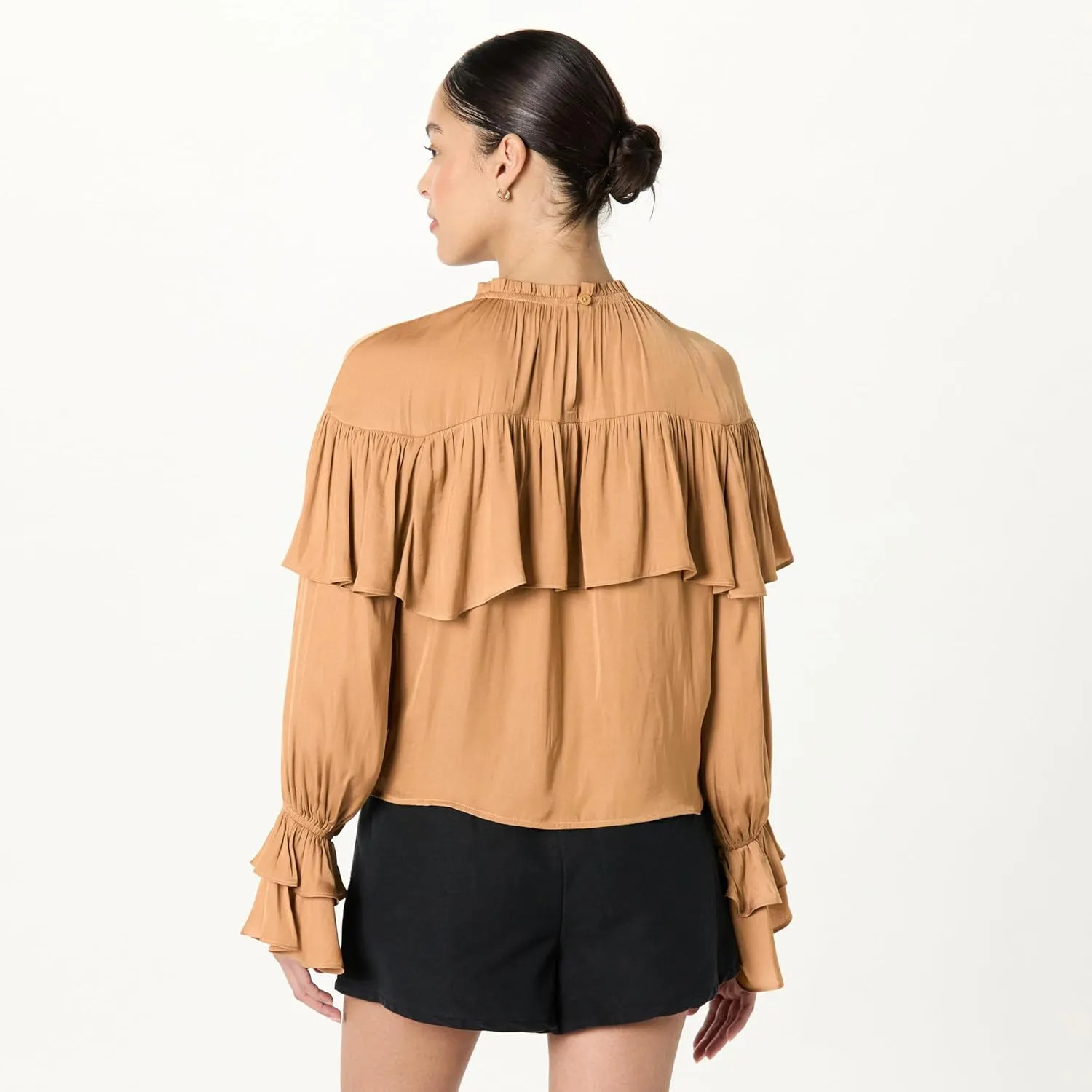 The Drop Women's Miriam Feminine Ruffle Yoke Shine Blouse