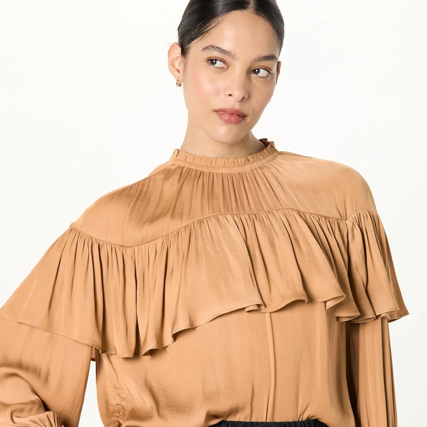 The Drop Women's Miriam Feminine Ruffle Yoke Shine Blouse