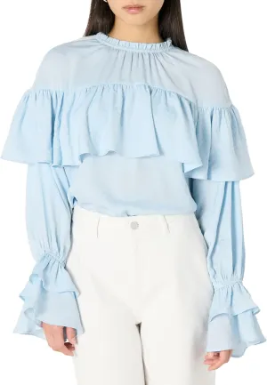 The Drop Women's Miriam Feminine Ruffle Yoke Shine Blouse