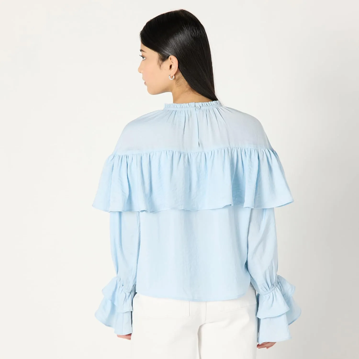 The Drop Women's Miriam Feminine Ruffle Yoke Shine Blouse