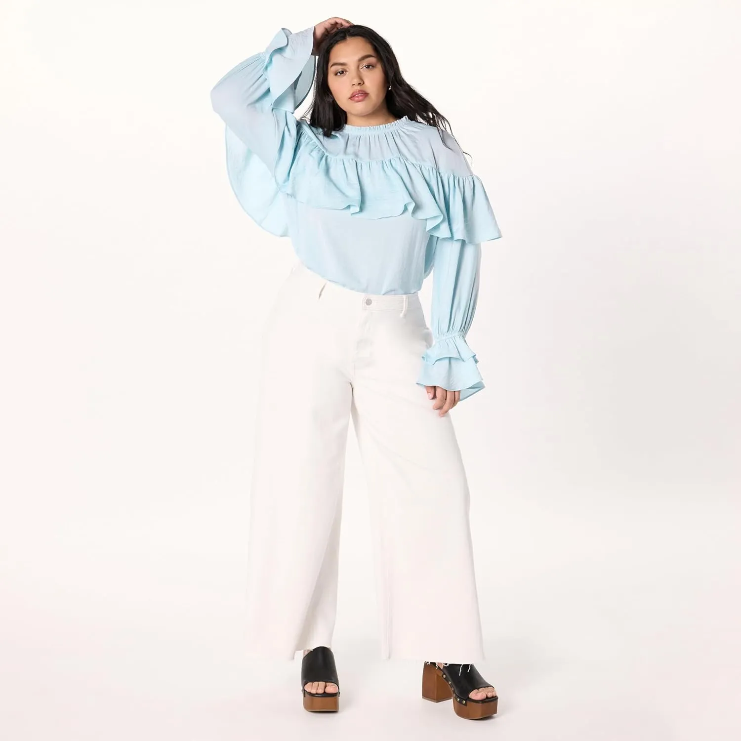 The Drop Women's Miriam Feminine Ruffle Yoke Shine Blouse