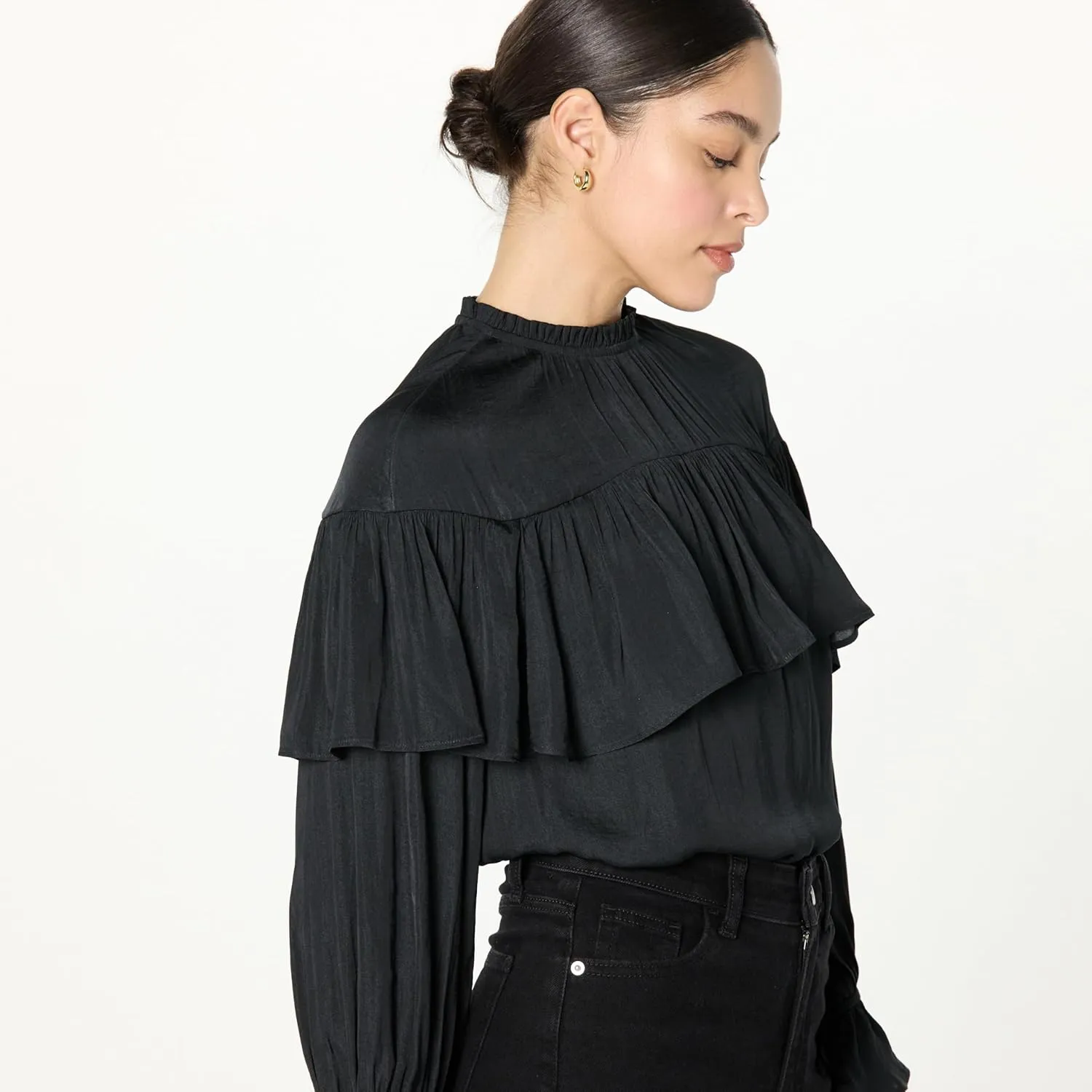 The Drop Women's Miriam Feminine Ruffle Yoke Shine Blouse