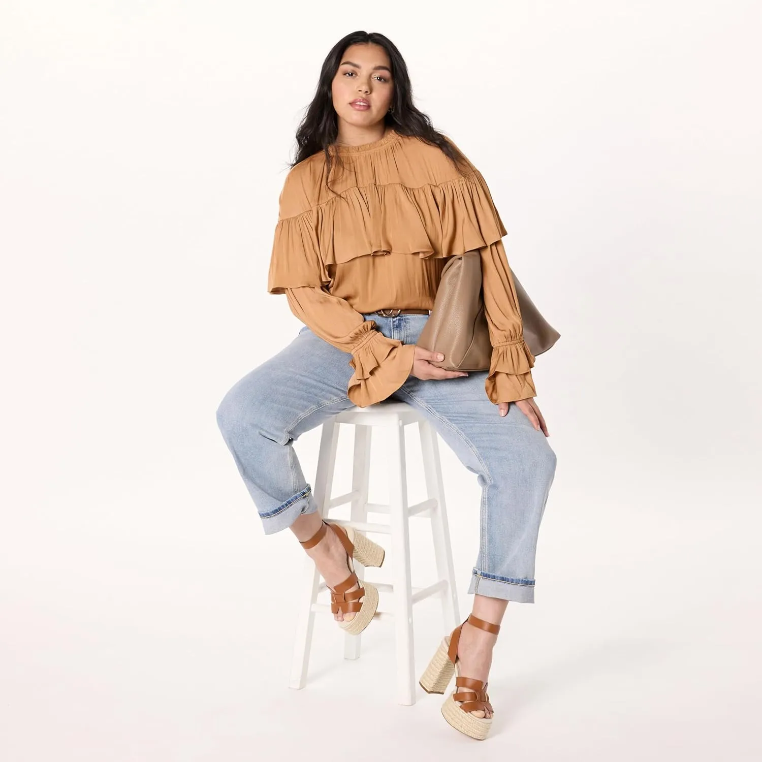 The Drop Women's Miriam Feminine Ruffle Yoke Shine Blouse