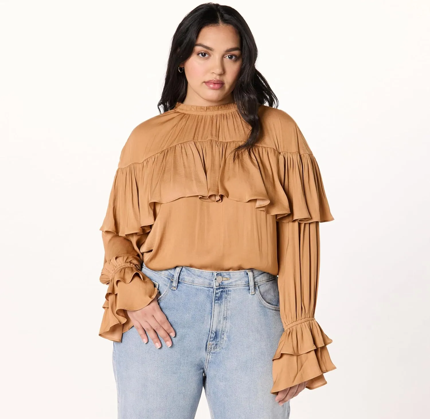 The Drop Women's Miriam Feminine Ruffle Yoke Shine Blouse