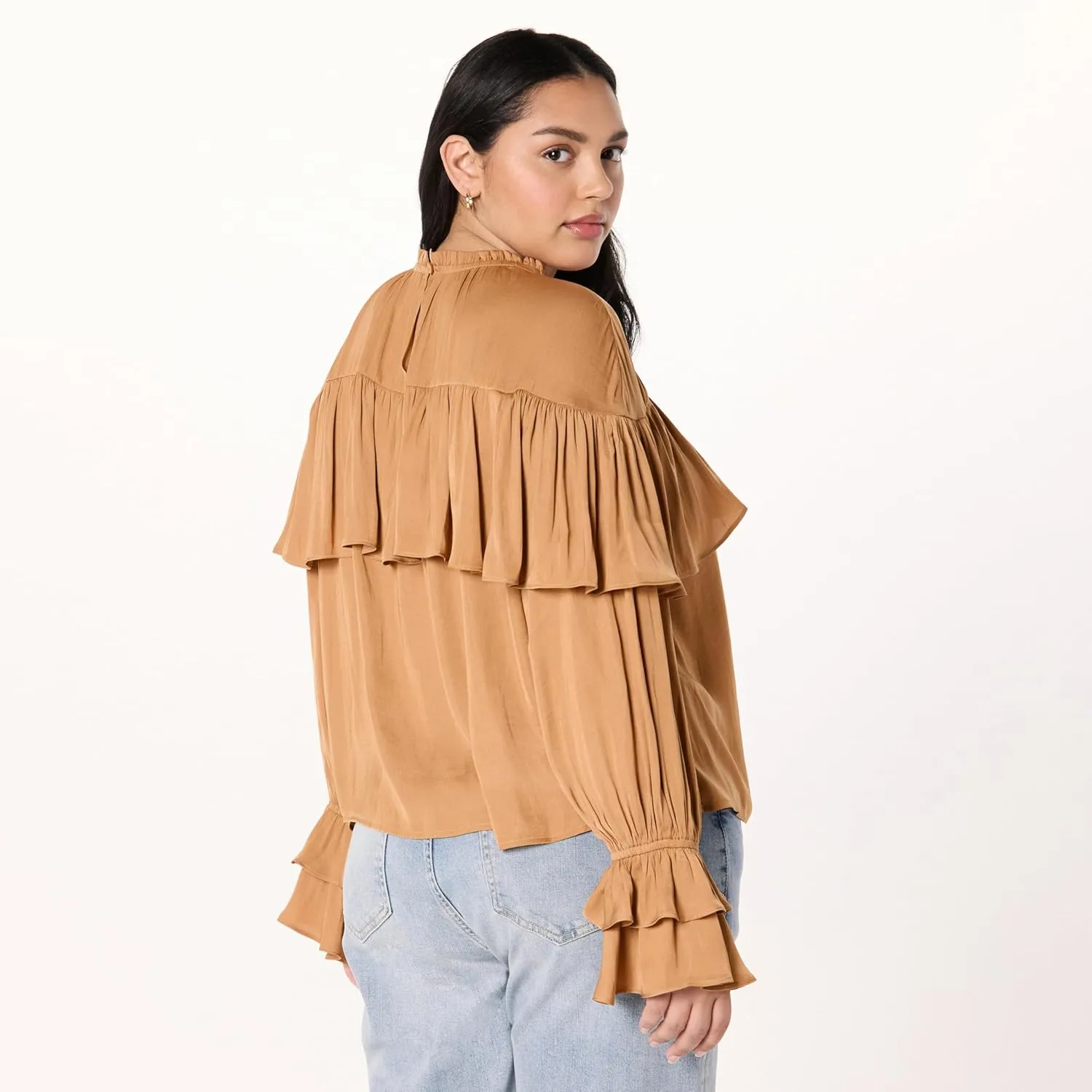 The Drop Women's Miriam Feminine Ruffle Yoke Shine Blouse