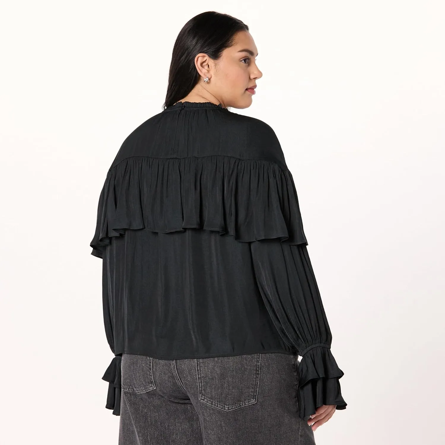 The Drop Women's Miriam Feminine Ruffle Yoke Shine Blouse