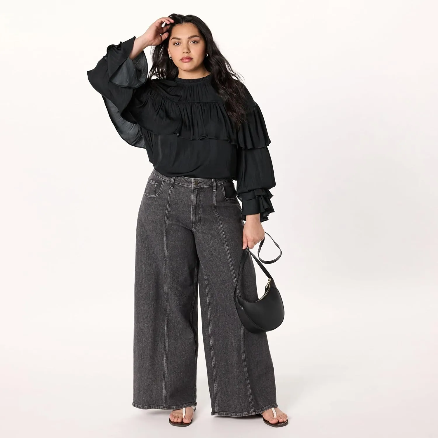 The Drop Women's Miriam Feminine Ruffle Yoke Shine Blouse