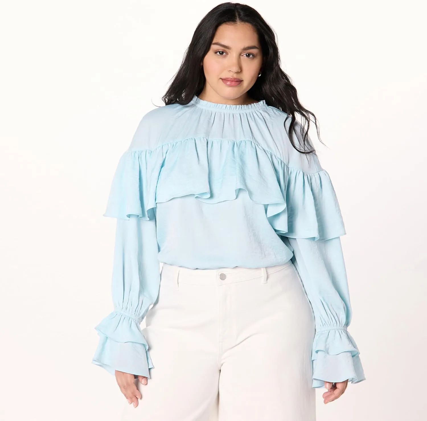 The Drop Women's Miriam Feminine Ruffle Yoke Shine Blouse