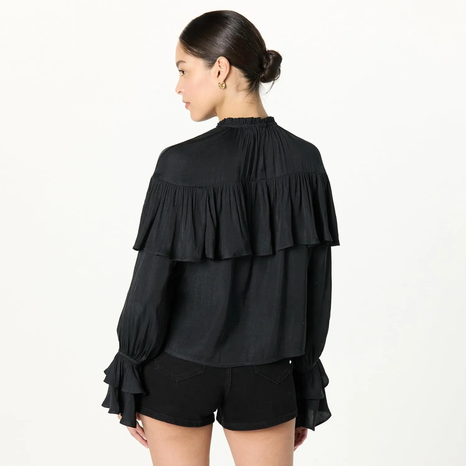 The Drop Women's Miriam Feminine Ruffle Yoke Shine Blouse