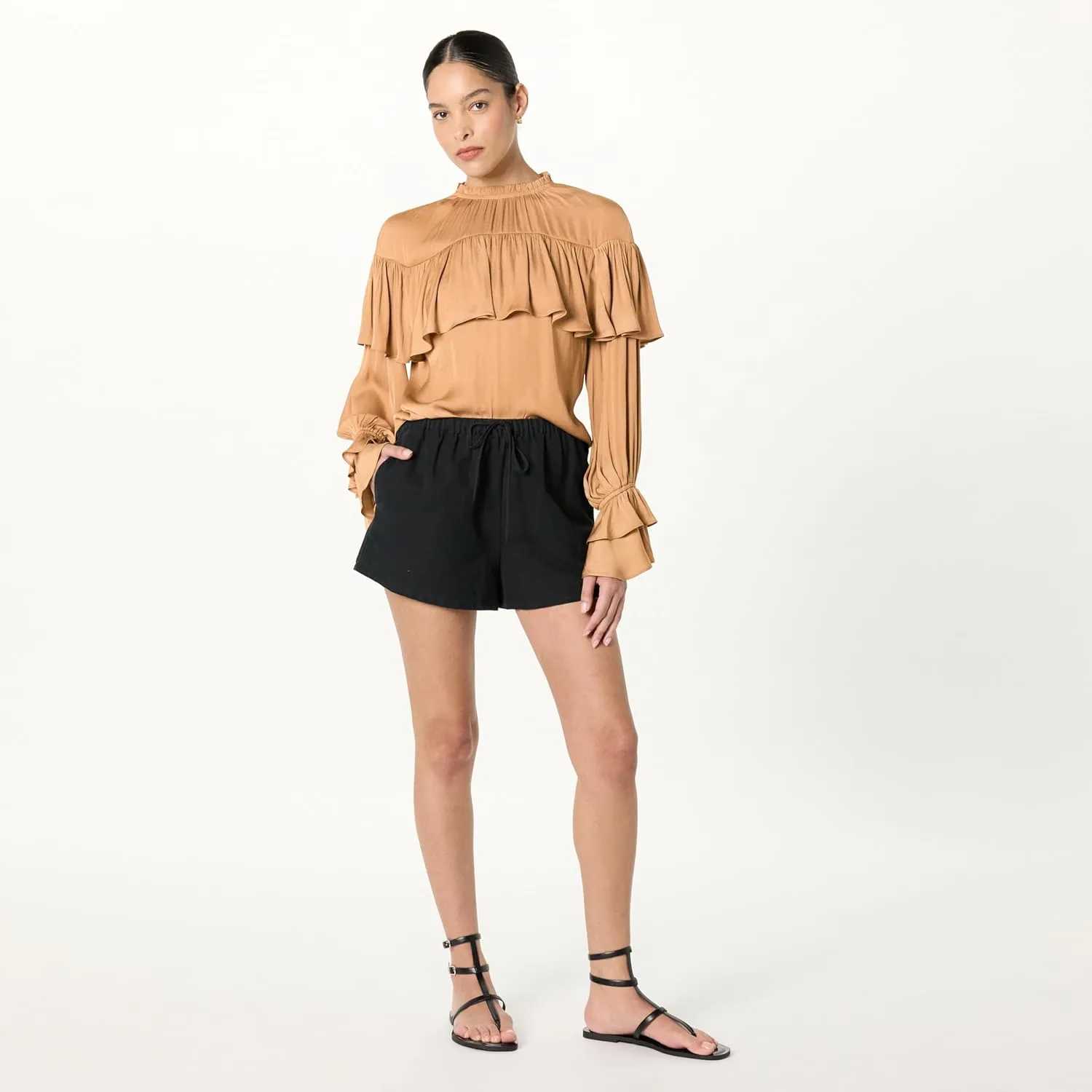 The Drop Women's Miriam Feminine Ruffle Yoke Shine Blouse