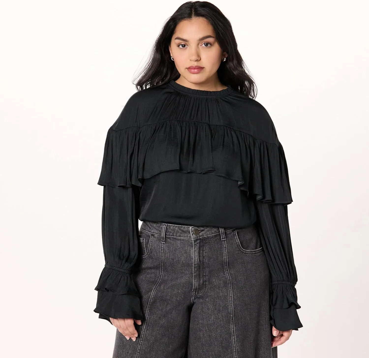 The Drop Women's Miriam Feminine Ruffle Yoke Shine Blouse