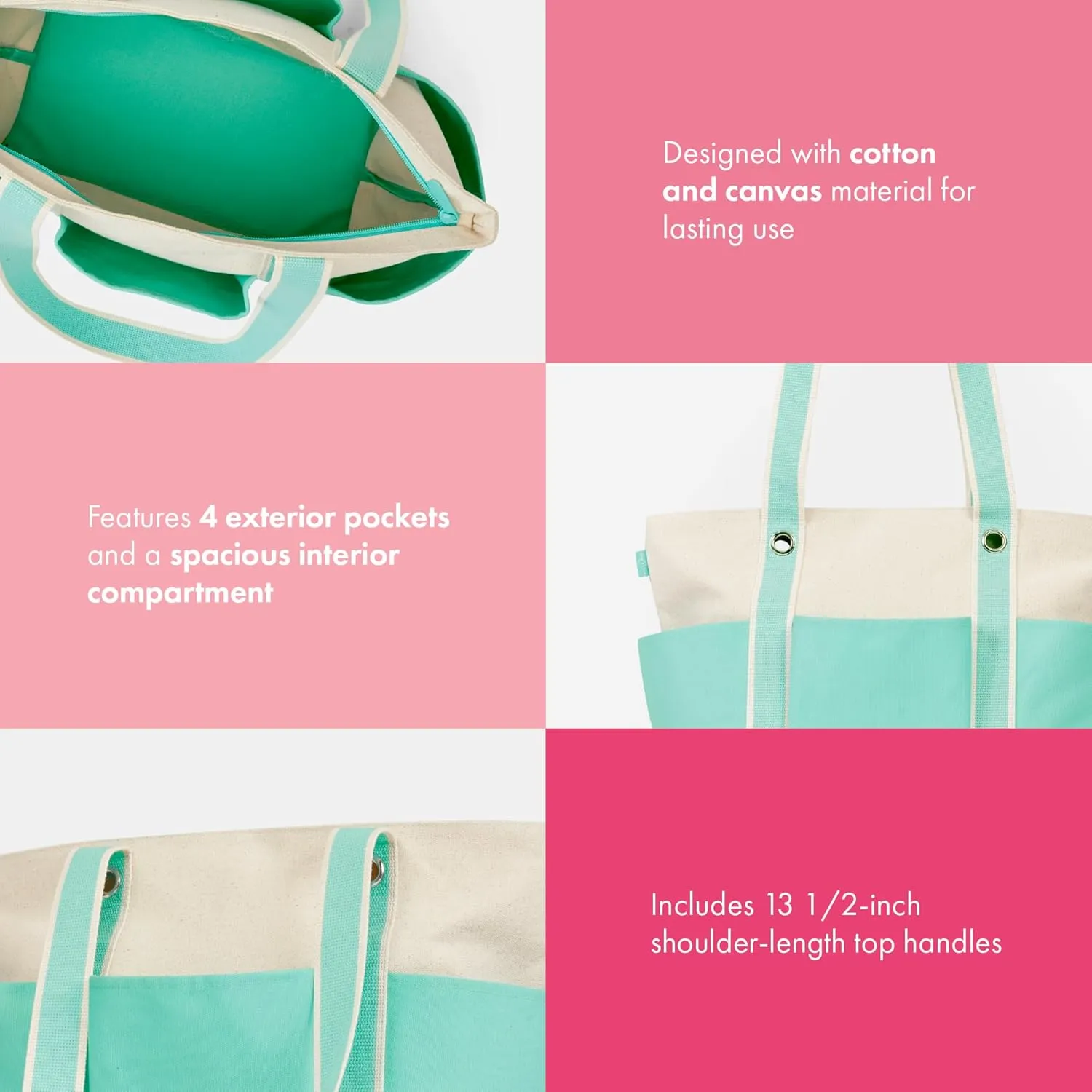 THIRTY-ONE Gifts Canvas Carryall Tote Bag with Pockets, Zipper Canvas Tote Bag for Beach, Work, or Home