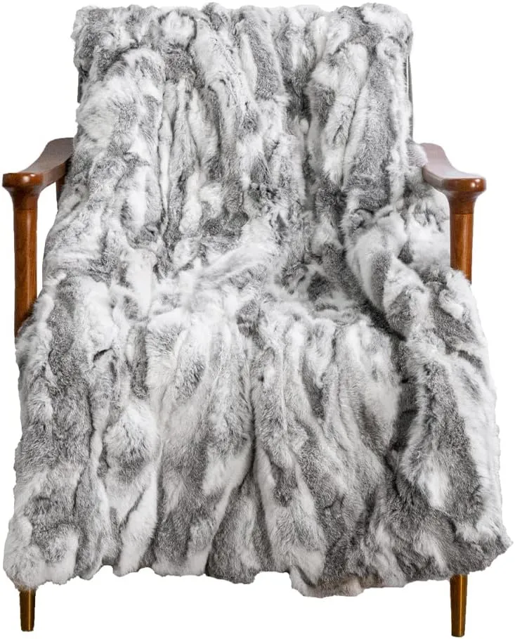 Throw Blankets for Couch and Bed, Soft Cozy Real Rabbit Fur Throw Blanket with Suede Backing, Grey Lightweight Decorative Blankets and Throws, Farmhouse Warm Blanket for Men and Women, 55.1"x63"