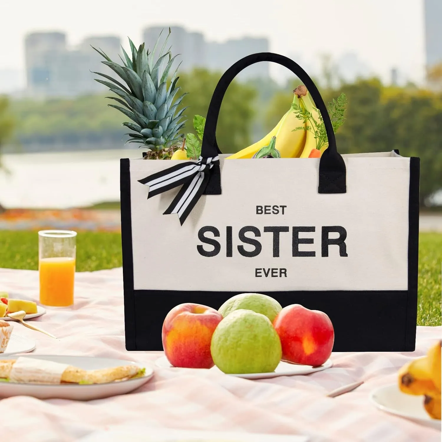 TOPDesign Embroidery Canvas Tote Bag for Women, Birthday Gifts for Big, Little Sister, Soul Sister, Friends Female, Best Friends, Personalized Present Bag, Ideal for Beach, Holiday
