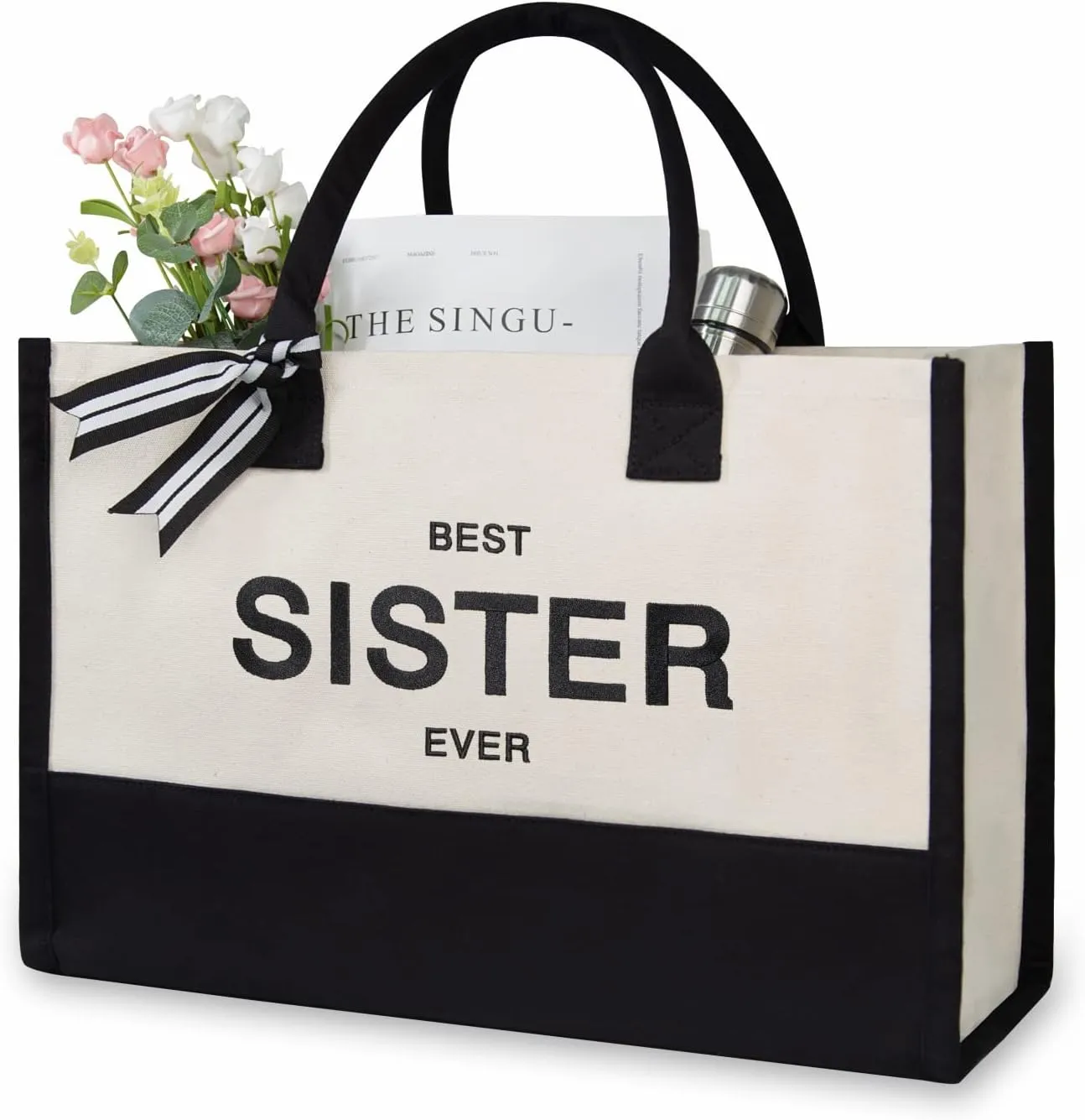 TOPDesign Embroidery Canvas Tote Bag for Women, Birthday Gifts for Big, Little Sister, Soul Sister, Friends Female, Best Friends, Personalized Present Bag, Ideal for Beach, Holiday