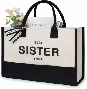 TOPDesign Embroidery Canvas Tote Bag for Women, Birthday Gifts for Big, Little Sister, Soul Sister, Friends Female, Best Friends, Personalized Present Bag, Ideal for Beach, Holiday