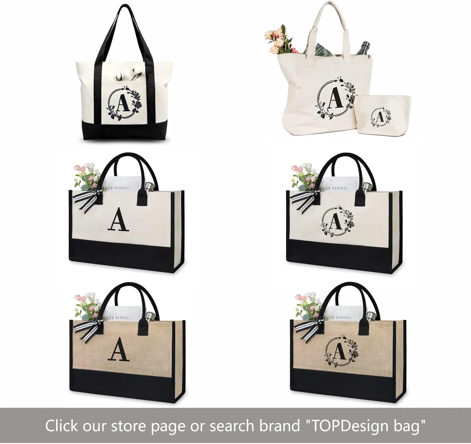 TOPDesign Embroidery Initial Canvas Tote Bag, Personalized Present Bag, Suitable for Wedding, Birthday, Beach, Holiday, is a Great Gift for Women, Mom, Teachers, Friends, Bridesmaids (Letter V)