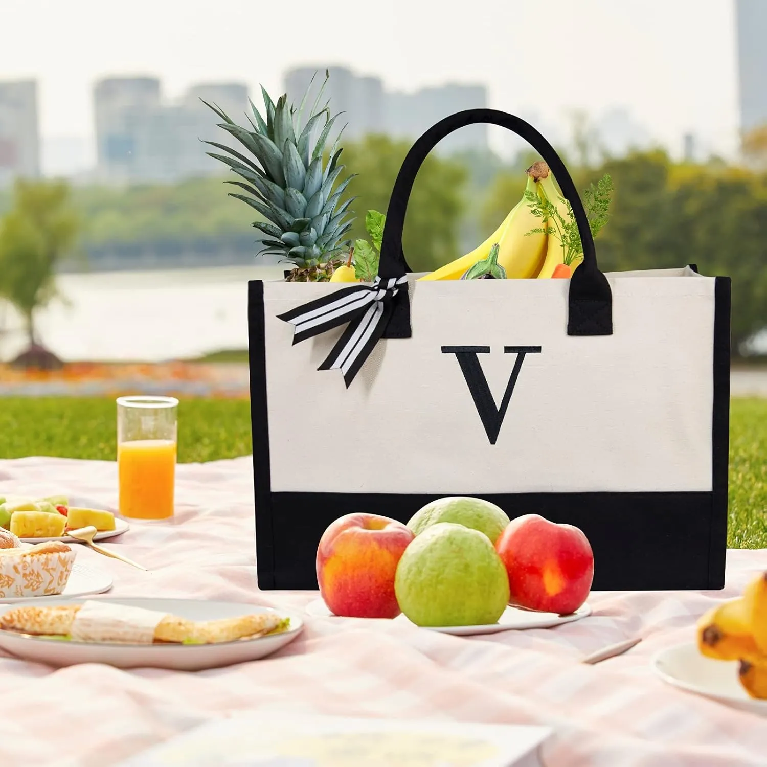 TOPDesign Embroidery Initial Canvas Tote Bag, Personalized Present Bag, Suitable for Wedding, Birthday, Beach, Holiday, is a Great Gift for Women, Mom, Teachers, Friends, Bridesmaids (Letter V)