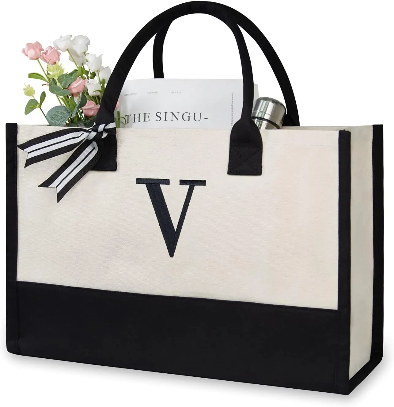 TOPDesign Embroidery Initial Canvas Tote Bag, Personalized Present Bag, Suitable for Wedding, Birthday, Beach, Holiday, is a Great Gift for Women, Mom, Teachers, Friends, Bridesmaids (Letter V)