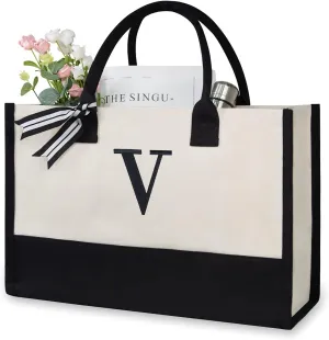 TOPDesign Embroidery Initial Canvas Tote Bag, Personalized Present Bag, Suitable for Wedding, Birthday, Beach, Holiday, is a Great Gift for Women, Mom, Teachers, Friends, Bridesmaids (Letter V)